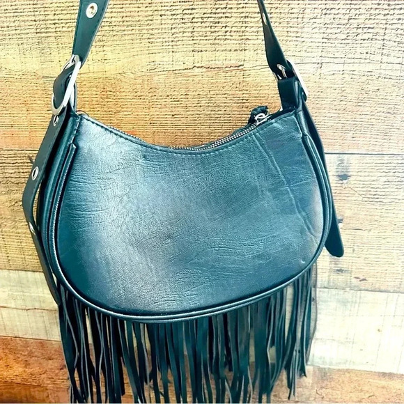 NWOT Motorcycle/Goth Style Fringed Studded Crossbody - Picture 3 of 9